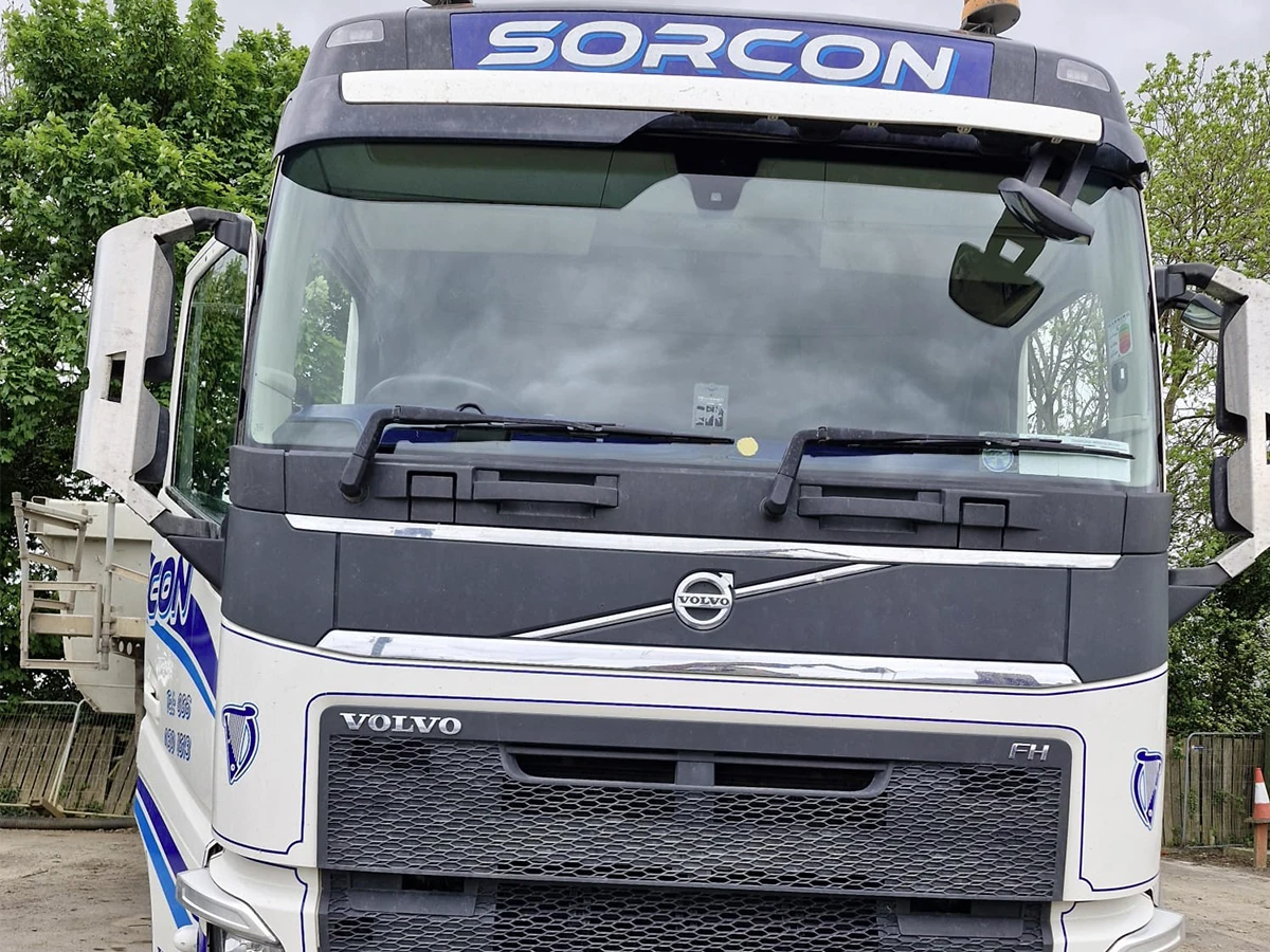 Volvo truck cab with a freshly fitted windscreen by Mobile Plant Glass