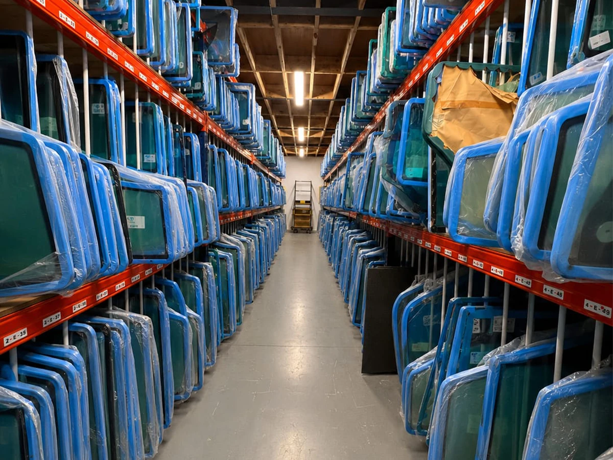 Warehouse aisle lined with racks of plant and agri cab glass in blue transit frames at Cab Glass Ireland