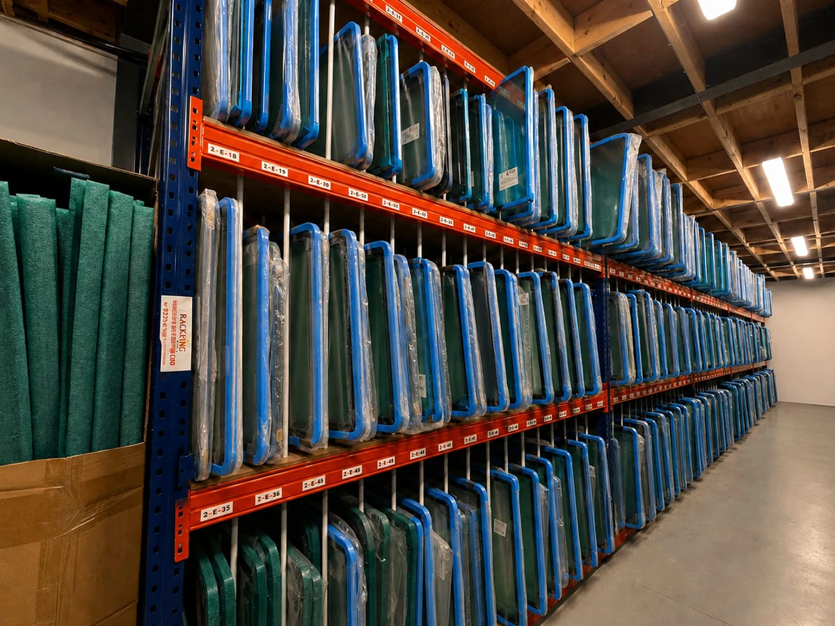 Bin-located storage racking holding rows of shrink-wrapped cab glass panels in stock at Cab Glass Ireland