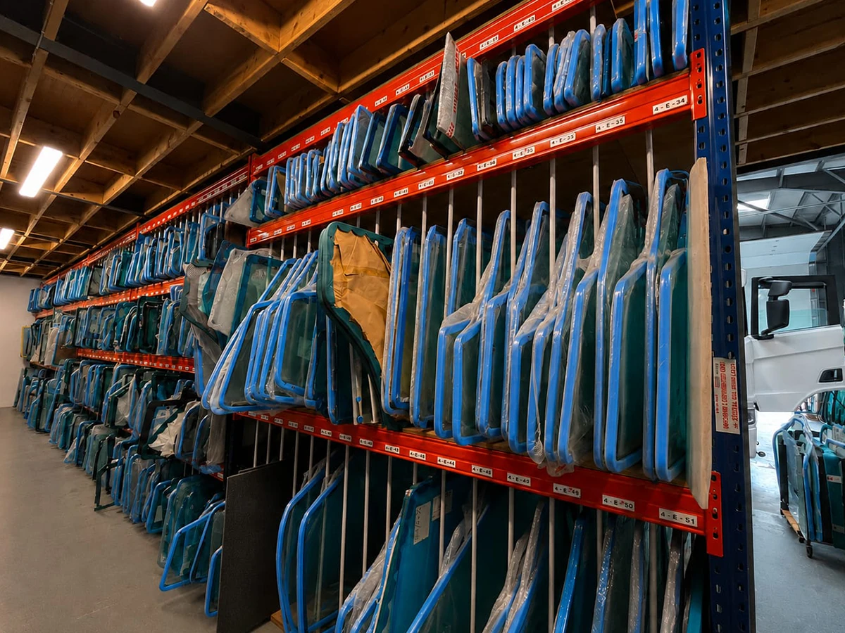 Cab Glass Ireland warehouse racking stacked with cab glass ready for nationwide supply and delivery