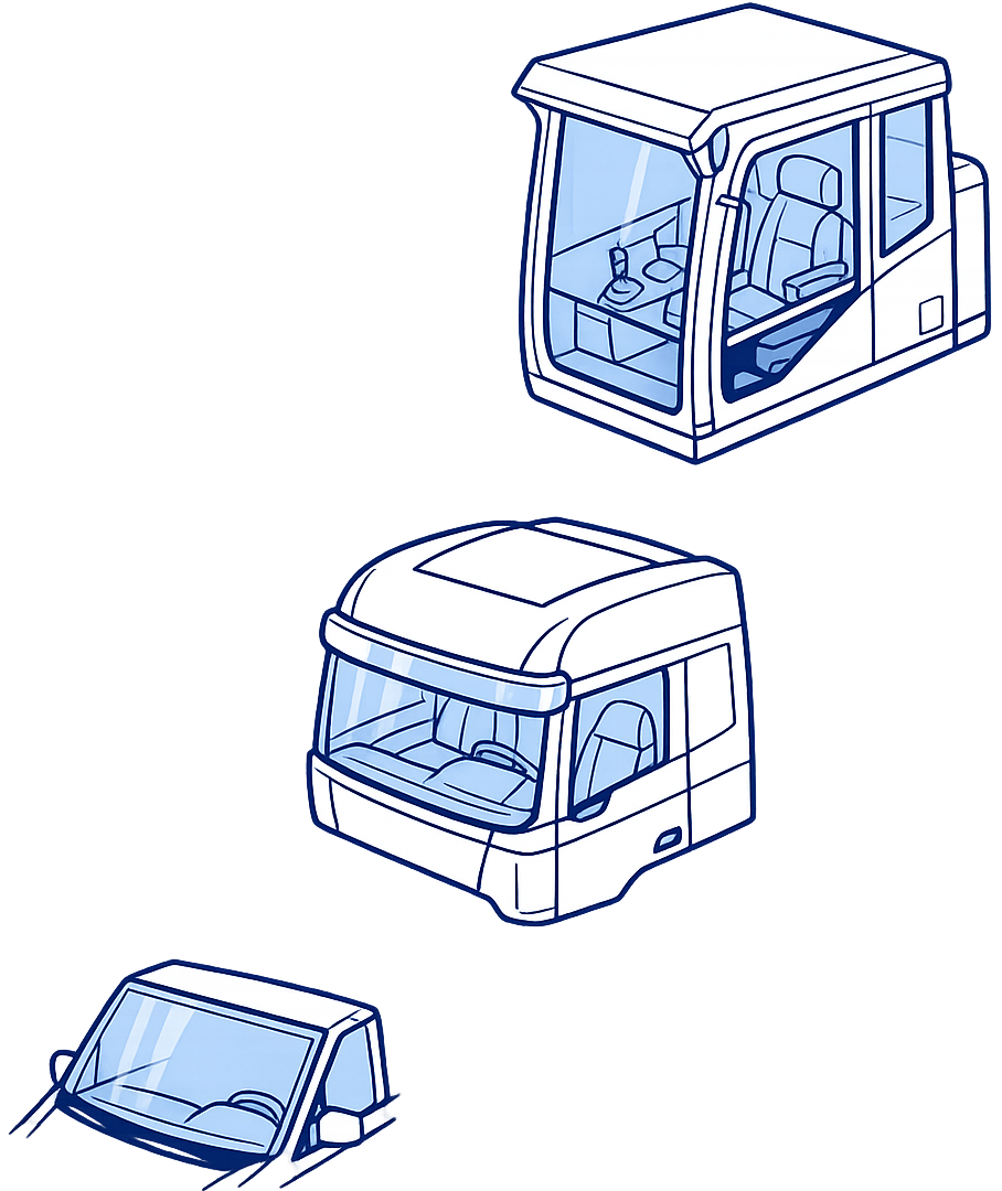 Plant cab, commercial cab and car windscreen illustrations